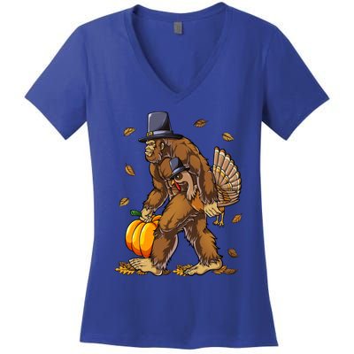 Bigfoot Pilgrim Turkey Pumpkin Thanksgiving Day Funny Gift Women's V-Neck T-Shirt