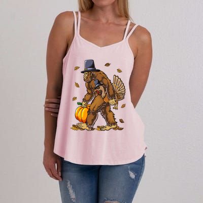 Bigfoot Pilgrim Turkey Pumpkin Thanksgiving Day Funny Gift Women's Strappy Tank