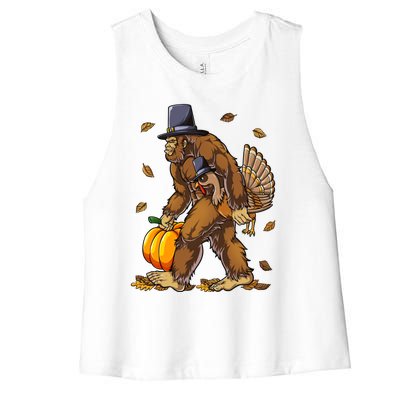 Bigfoot Pilgrim Turkey Pumpkin Thanksgiving Day Funny Gift Women's Racerback Cropped Tank