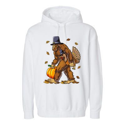 Bigfoot Pilgrim Turkey Pumpkin Thanksgiving Day Garment-Dyed Fleece Hoodie