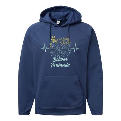 Bolivar Peninsula Texas Heartbeat Surfing Surfer Gift Performance Fleece Hoodie