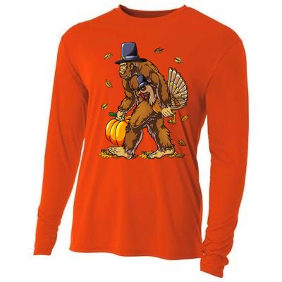 Bigfoot Pilgrim Turkey Pumpkin Thanksgiving Day Cooling Performance Long Sleeve Crew