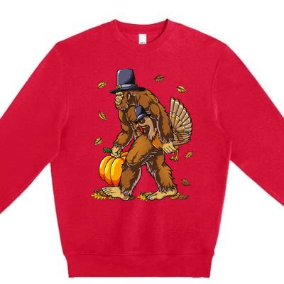 Bigfoot Pilgrim Turkey Pumpkin Thanksgiving Day Premium Crewneck Sweatshirt