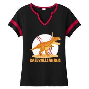 Baseball Playing Trex Funny Dino Sport Ladies Halftime Notch Neck Tee