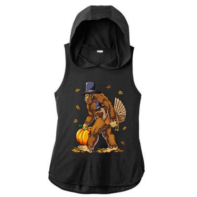 Bigfoot Pilgrim Turkey Pumpkin Thanksgiving Day Funny Ladies PosiCharge Tri-Blend Wicking Draft Hoodie Tank