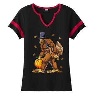 Bigfoot Pilgrim Turkey Pumpkin Thanksgiving Day Funny Ladies Halftime Notch Neck Tee