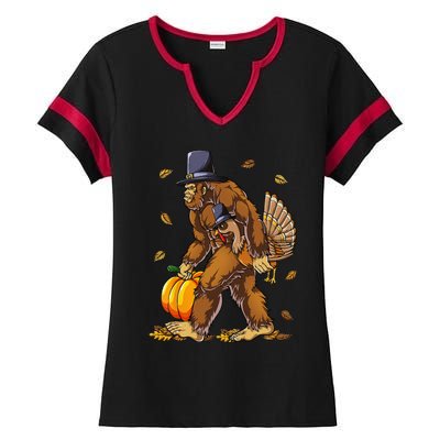 Bigfoot Pilgrim Turkey Pumpkin Thanksgiving Day Funny Ladies Halftime Notch Neck Tee