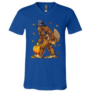 Bigfoot Pilgrim Turkey Pumpkin Thanksgiving Day Funny V-Neck T-Shirt