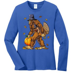 Bigfoot Pilgrim Turkey Pumpkin Thanksgiving Day Funny Ladies Long Sleeve Shirt