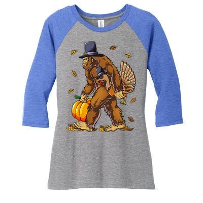 Bigfoot Pilgrim Turkey Pumpkin Thanksgiving Day Funny Women's Tri-Blend 3/4-Sleeve Raglan Shirt