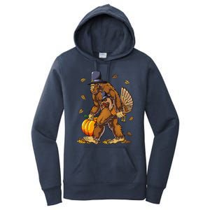 Bigfoot Pilgrim Turkey Pumpkin Thanksgiving Day Funny Women's Pullover Hoodie