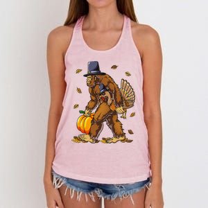 Bigfoot Pilgrim Turkey Pumpkin Thanksgiving Day Funny Women's Knotted Racerback Tank