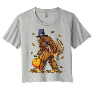 Bigfoot Pilgrim Turkey Pumpkin Thanksgiving Day Funny Women's Crop Top Tee