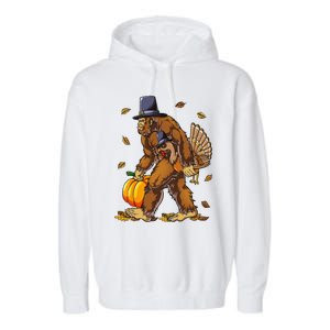 Bigfoot Pilgrim Turkey Pumpkin Thanksgiving Day Funny Garment-Dyed Fleece Hoodie