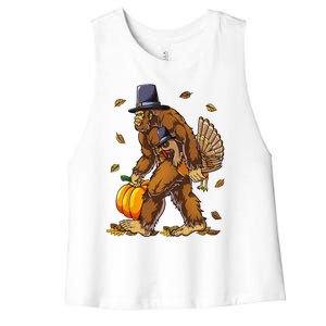 Bigfoot Pilgrim Turkey Pumpkin Thanksgiving Day Funny Women's Racerback Cropped Tank