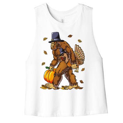 Bigfoot Pilgrim Turkey Pumpkin Thanksgiving Day Funny Women's Racerback Cropped Tank