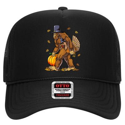 Bigfoot Pilgrim Turkey Pumpkin Thanksgiving Day High Crown Mesh Back Trucker Hat