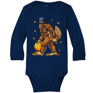 Bigfoot Pilgrim Turkey Pumpkin Thanksgiving Day Baby Long Sleeve Bodysuit