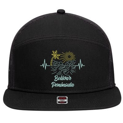 Bolivar Peninsula Texas Heartbeat Surfing Surfer Funny Gift 7 Panel Mesh Trucker Snapback Hat