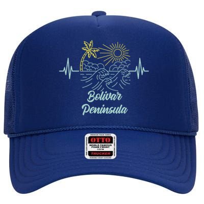 Bolivar Peninsula Texas Heartbeat Surfing Surfer Funny Gift High Crown Mesh Back Trucker Hat