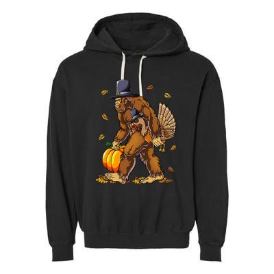 Bigfoot Pilgrim Turkey Pumpkin Thanksgiving Day Garment-Dyed Fleece Hoodie