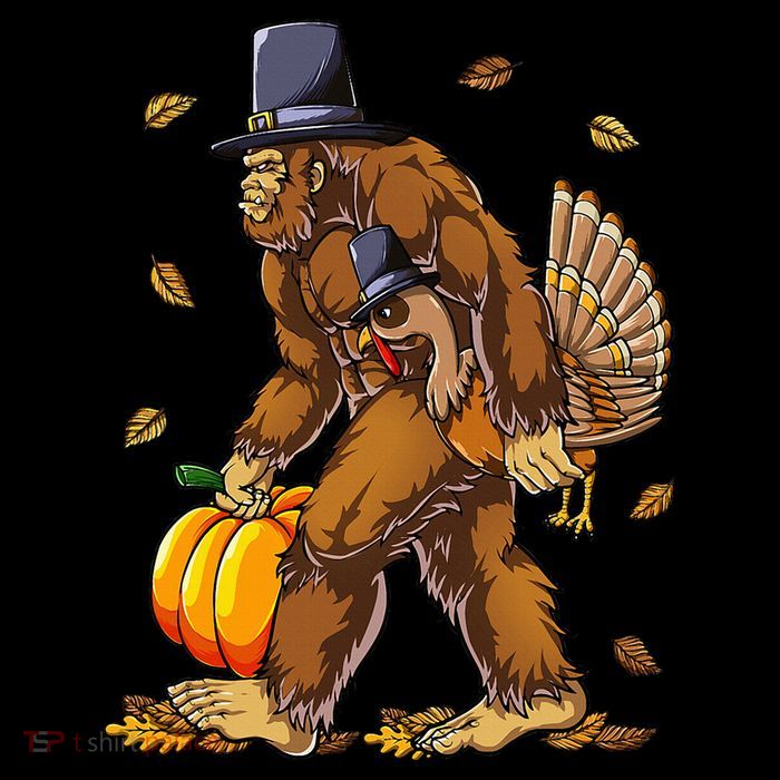 Bigfoot Pilgrim Turkey Pumpkin Thanksgiving Day T-Shirt