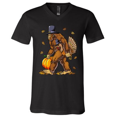 Bigfoot Pilgrim Turkey Pumpkin Thanksgiving Day V-Neck T-Shirt