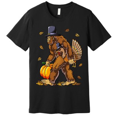 Bigfoot Pilgrim Turkey Pumpkin Thanksgiving Day Premium T-Shirt