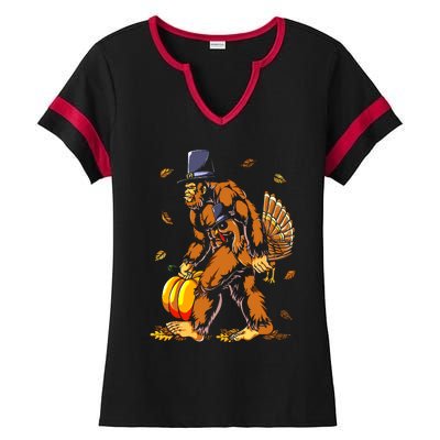 Bigfoot Pilgrim Turkey Pumpkin Thanksgiving Day Boys Ladies Halftime Notch Neck Tee