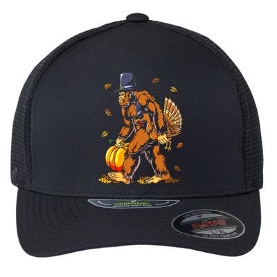 Bigfoot Pilgrim Turkey Pumpkin Thanksgiving Day Boys Flexfit Unipanel Trucker Cap