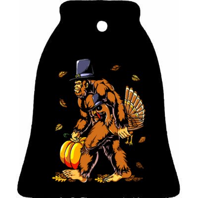 Bigfoot Pilgrim Turkey Pumpkin Thanksgiving Day Boys Ceramic Bell Ornament