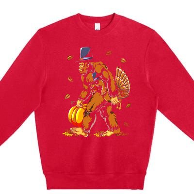 Bigfoot Pilgrim Turkey Pumpkin Thanksgiving Day Boys Premium Crewneck Sweatshirt