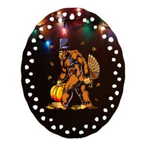 Bigfoot Pilgrim Turkey Pumpkin Thanksgiving Day Boys Ceramic Oval Ornament