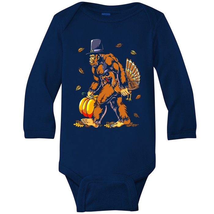 Bigfoot Pilgrim Turkey Pumpkin Thanksgiving Day Boys Baby Long Sleeve Bodysuit