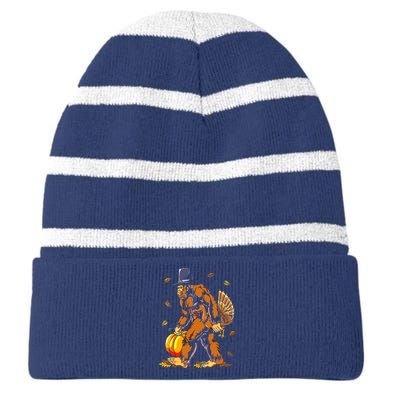 Bigfoot Pilgrim Turkey Pumpkin Thanksgiving Day Boys Striped Beanie with Solid Band