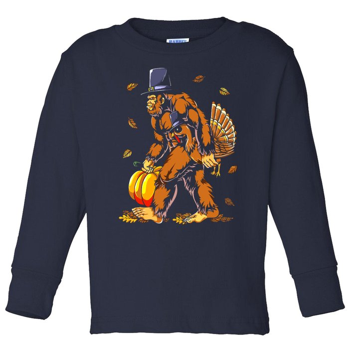 Bigfoot Pilgrim Turkey Pumpkin Thanksgiving Day Boys Toddler Long Sleeve Shirt