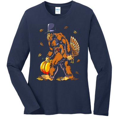 Bigfoot Pilgrim Turkey Pumpkin Thanksgiving Day Boys Ladies Long Sleeve Shirt