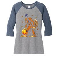 Bigfoot Pilgrim Turkey Pumpkin Thanksgiving Day Boys Women's Tri-Blend 3/4-Sleeve Raglan Shirt