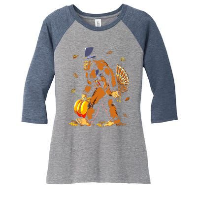 Bigfoot Pilgrim Turkey Pumpkin Thanksgiving Day Boys Women's Tri-Blend 3/4-Sleeve Raglan Shirt