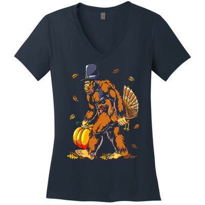 Bigfoot Pilgrim Turkey Pumpkin Thanksgiving Day Boys Women's V-Neck T-Shirt