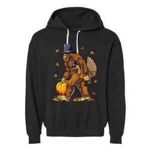 Bigfoot Pilgrim Turkey Pumpkin Thanksgiving Day Garment-Dyed Fleece Hoodie