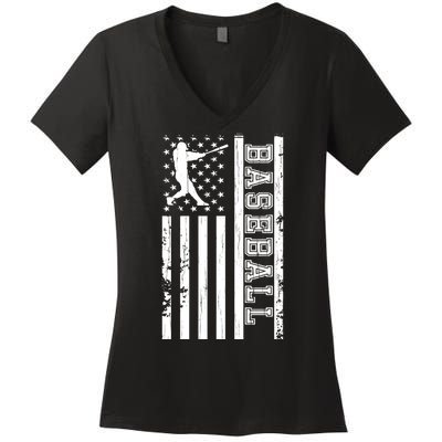 Baseball Pitcher USA Flag Women's V-Neck T-Shirt