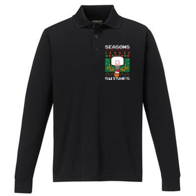 Basketball Player Ugly Christmas Sweater Seasons Swishes Performance Long Sleeve Polo