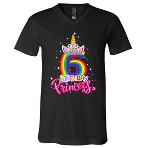 Birthday Princess Unicorn 6 Year Old 6th Birthday Girl V-Neck T-Shirt