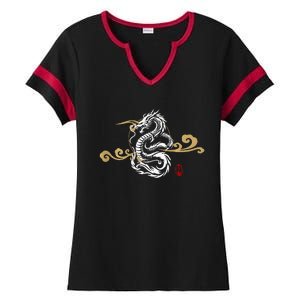 Back Print White Dragon Japanese Culture Good Luck Auspicious Ladies Halftime Notch Neck Tee