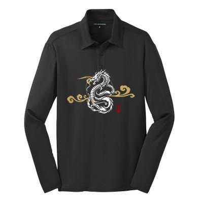 Back Print White Dragon Japanese Culture Good Luck Auspicious Silk Touch Performance Long Sleeve Polo