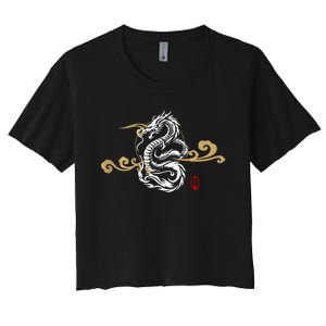 Back Print White Dragon Japanese Culture Good Luck Auspicious Women's Crop Top Tee