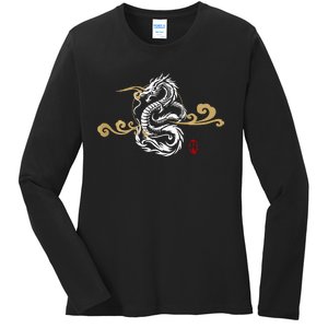 Back Print White Dragon Japanese Culture Good Luck Auspicious Ladies Long Sleeve Shirt