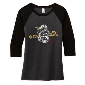 Back Print White Dragon Japanese Culture Good Luck Auspicious Women's Tri-Blend 3/4-Sleeve Raglan Shirt