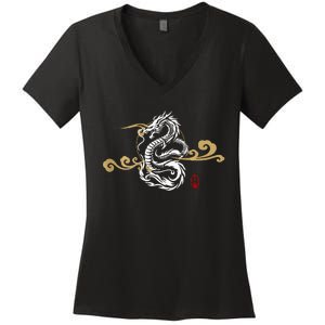 Back Print White Dragon Japanese Culture Good Luck Auspicious Women's V-Neck T-Shirt